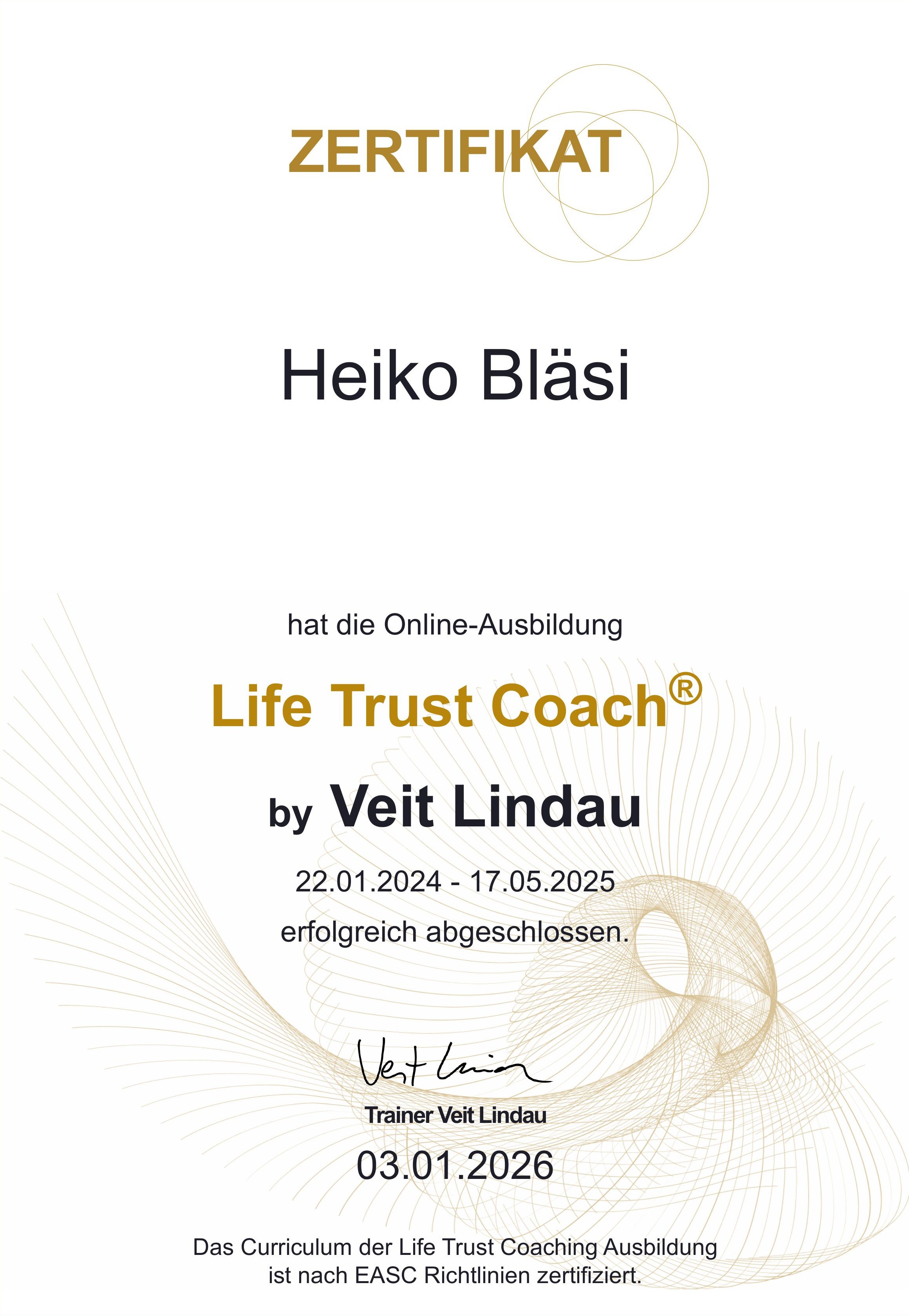 Life Trust Coach® Zertifikat by Veit Lindau